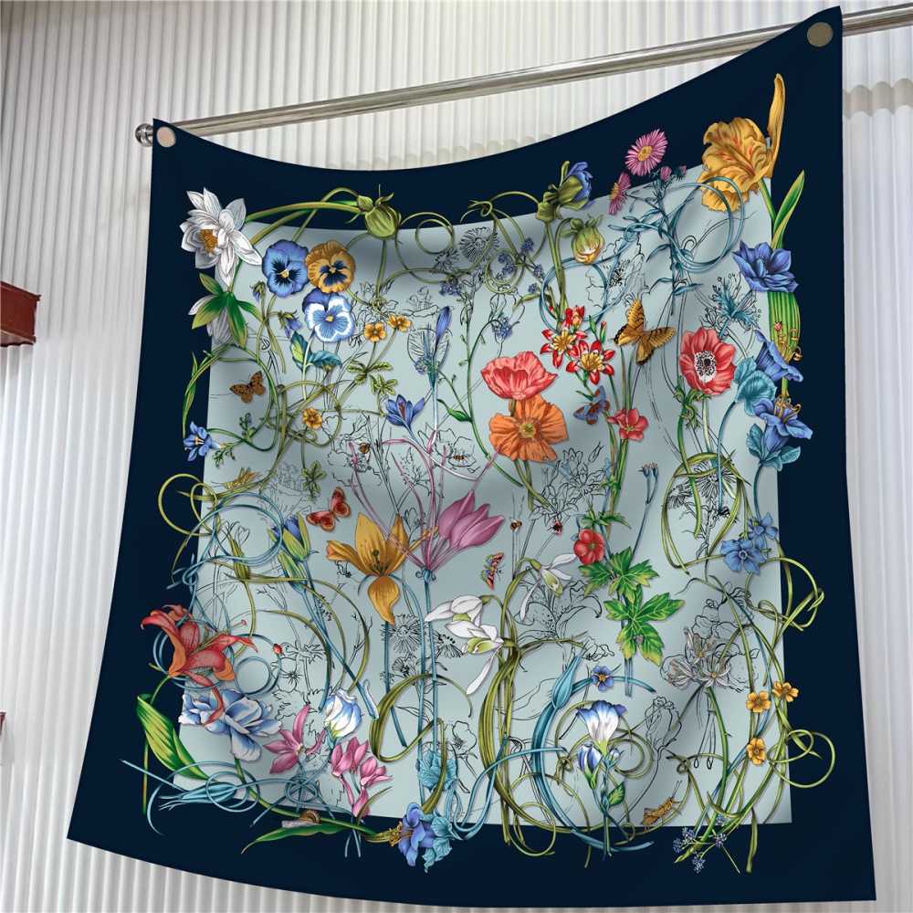 Silk Neck Scarf - Syal sutra wanita motif bunga persegi